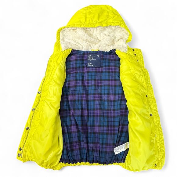 American Eagle Puffer Vest Hooded Sherpa Lined Plaid Y2K Gorpcore Neon Yellow M - Picture 6 of 12